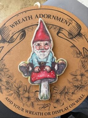 Gnome on Red Mushroom Wooden Ornament